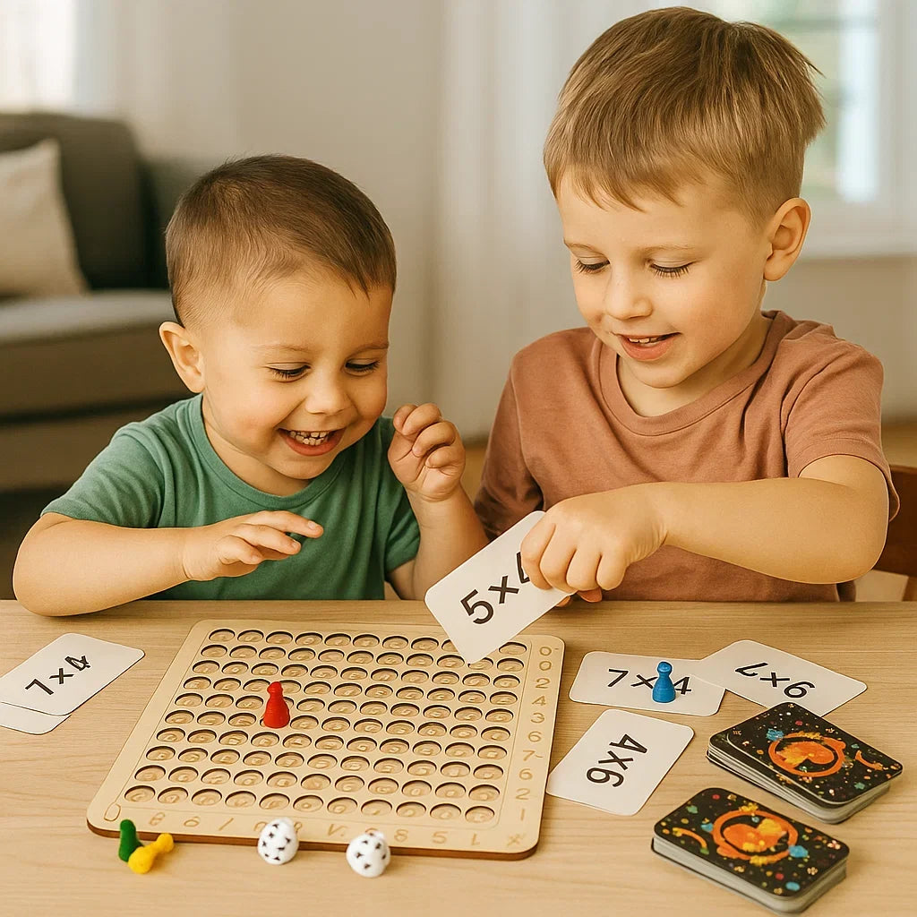 Wooden Board Game with Number Chips and Interactive Cards for Counting, Adding and Multiplying