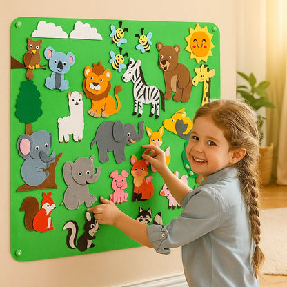 Felt Play Scene Set with Colorful Animal Figures and Backgrounds in 4 Themes for Kids