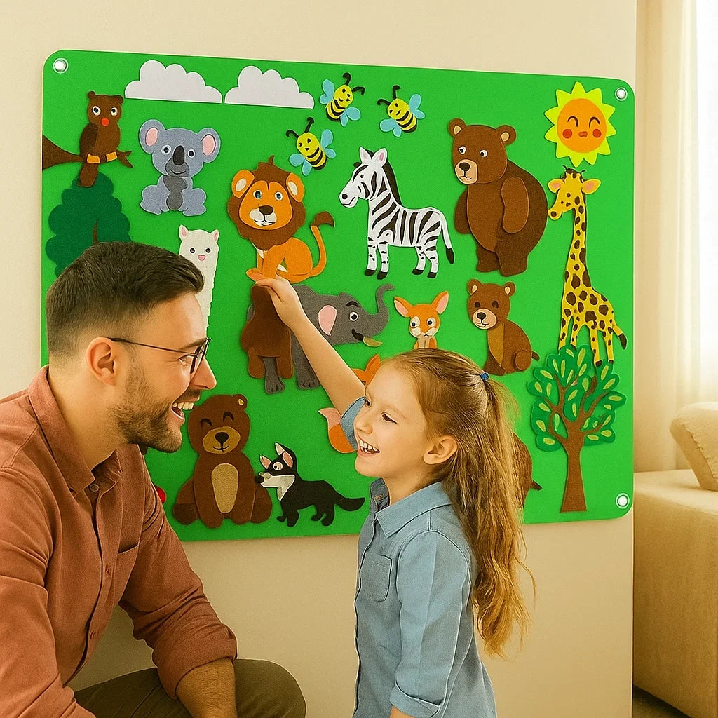 Felt Play Scene Set with Colorful Animal Figures and Backgrounds in 4 Themes for Kids