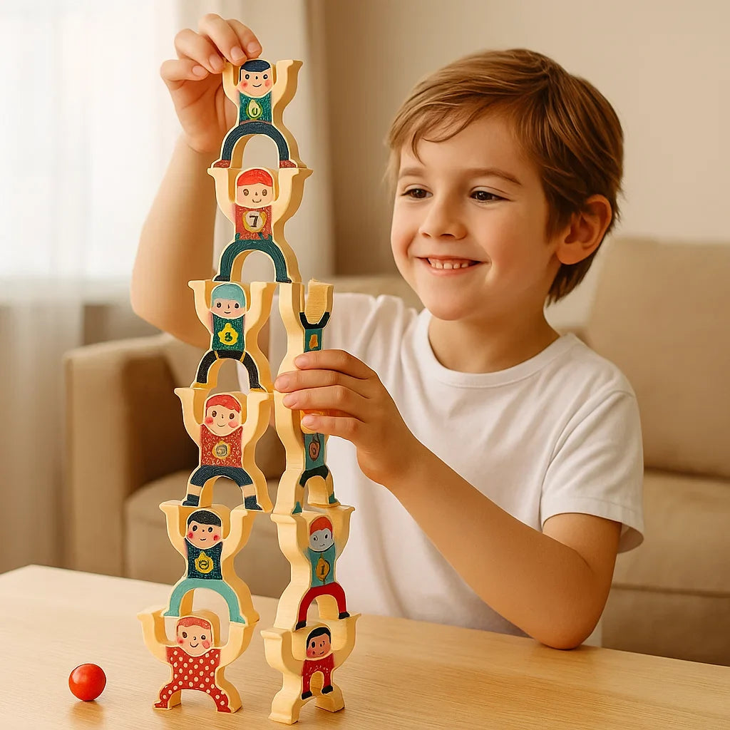 Painted Wooden Stacking Figures Game for Balancing, Combining and Rebuilding Towers