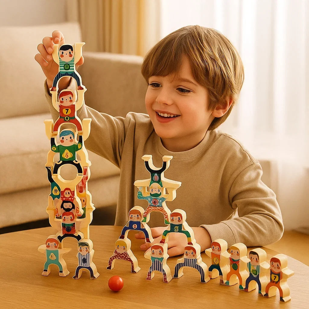 Painted Wooden Stacking Figures Game for Balancing, Combining and Rebuilding Towers