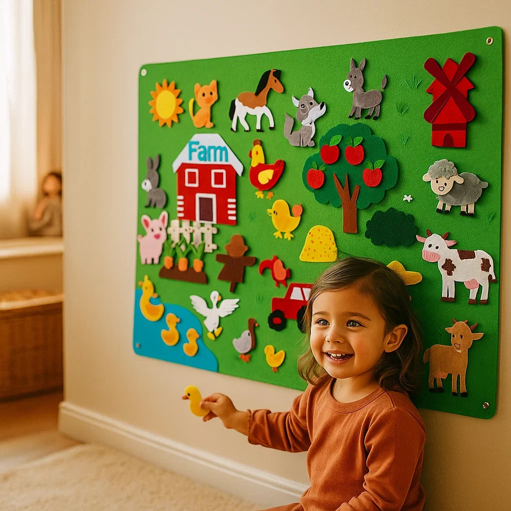 Felt Play Scene Set with Colorful Animal Figures and Backgrounds in 4 Themes for Kids