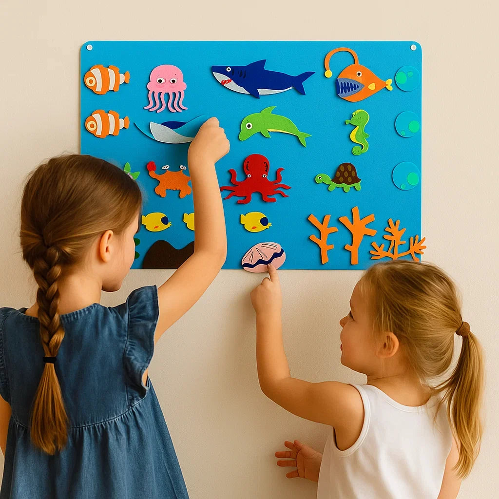 Felt Play Scene Set with Colorful Animal Figures and Backgrounds in 4 Themes for Kids