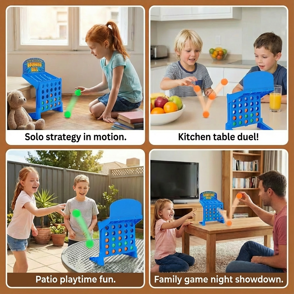 Bouncing Ball Target Game for Lining Up Four in a Row with a Foldable Grid and Carrying Case
