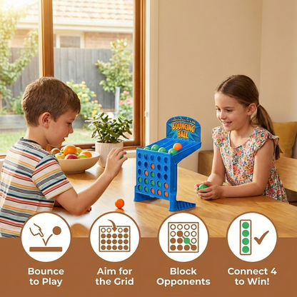 Bouncing Ball Target Game for Lining Up Four in a Row with a Foldable Grid and Carrying Case
