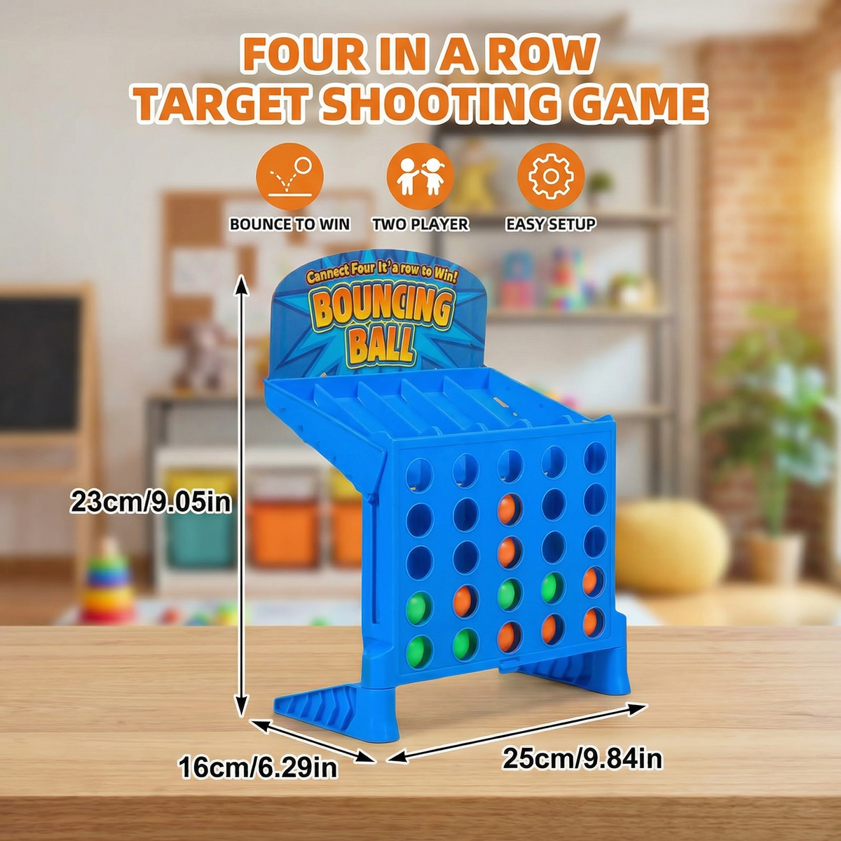 Bouncing Ball Target Game for Lining Up Four in a Row with a Foldable Grid and Carrying Case
