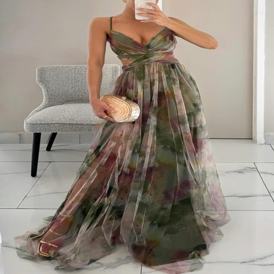 Women's Maxi Dress – Multicolor, Thin Straps, V-Neck, Fluid Silhouette
