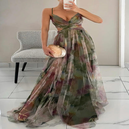 Women's Maxi Dress – Multicolor, Thin Straps, V-Neck, Fluid Silhouette