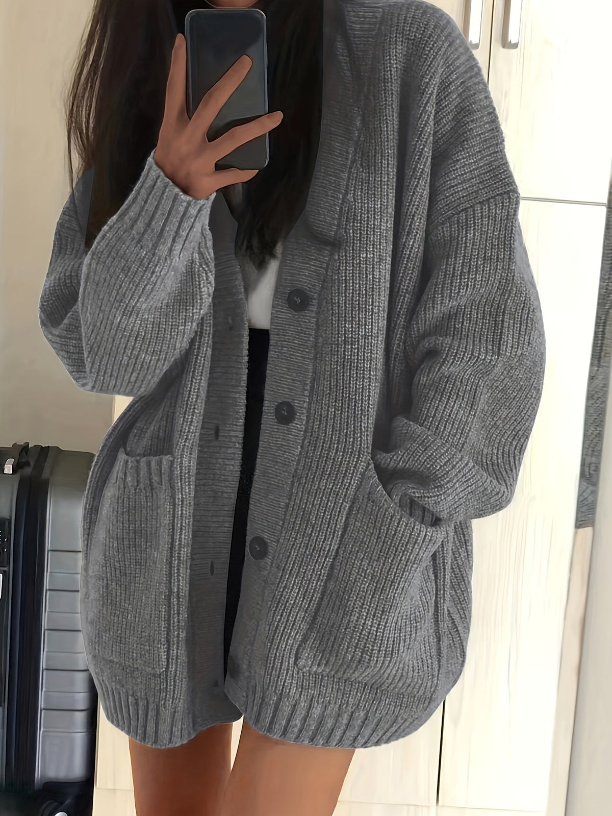 Chunky Ribbed Cardigan with Button Front Closure and Hip Pockets