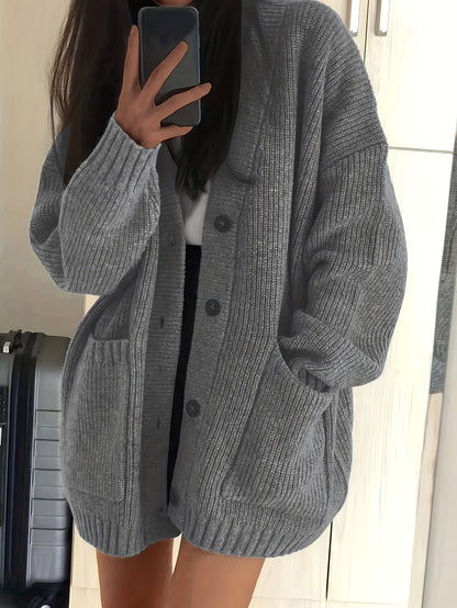 Chunky Ribbed Cardigan with Button Front Closure and Hip Pockets