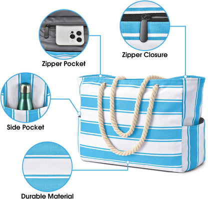 Oversized Beach Tote with Zip Closure and Mesh Panels, Water Resistant 20L