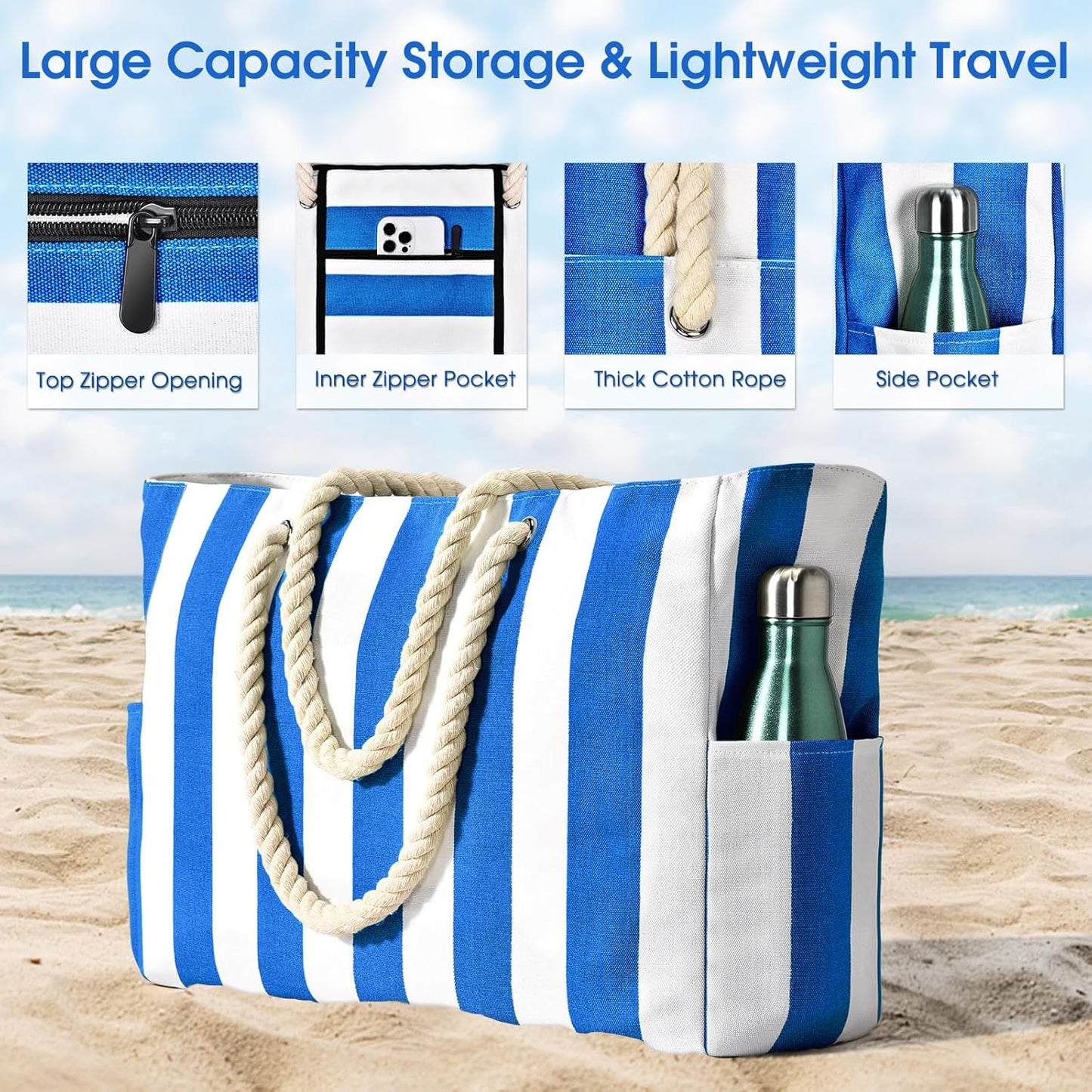 Oversized Beach Tote with Zip Closure and Mesh Panels, Water Resistant 20L