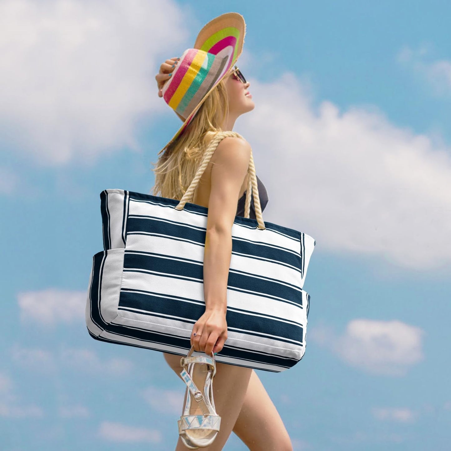 Oversized Beach Tote with Zip Closure and Mesh Panels, Water Resistant 20L