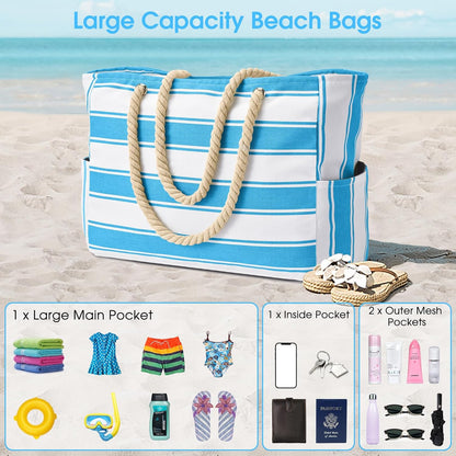 Oversized Beach Tote with Zip Closure and Mesh Panels, Water Resistant 20L