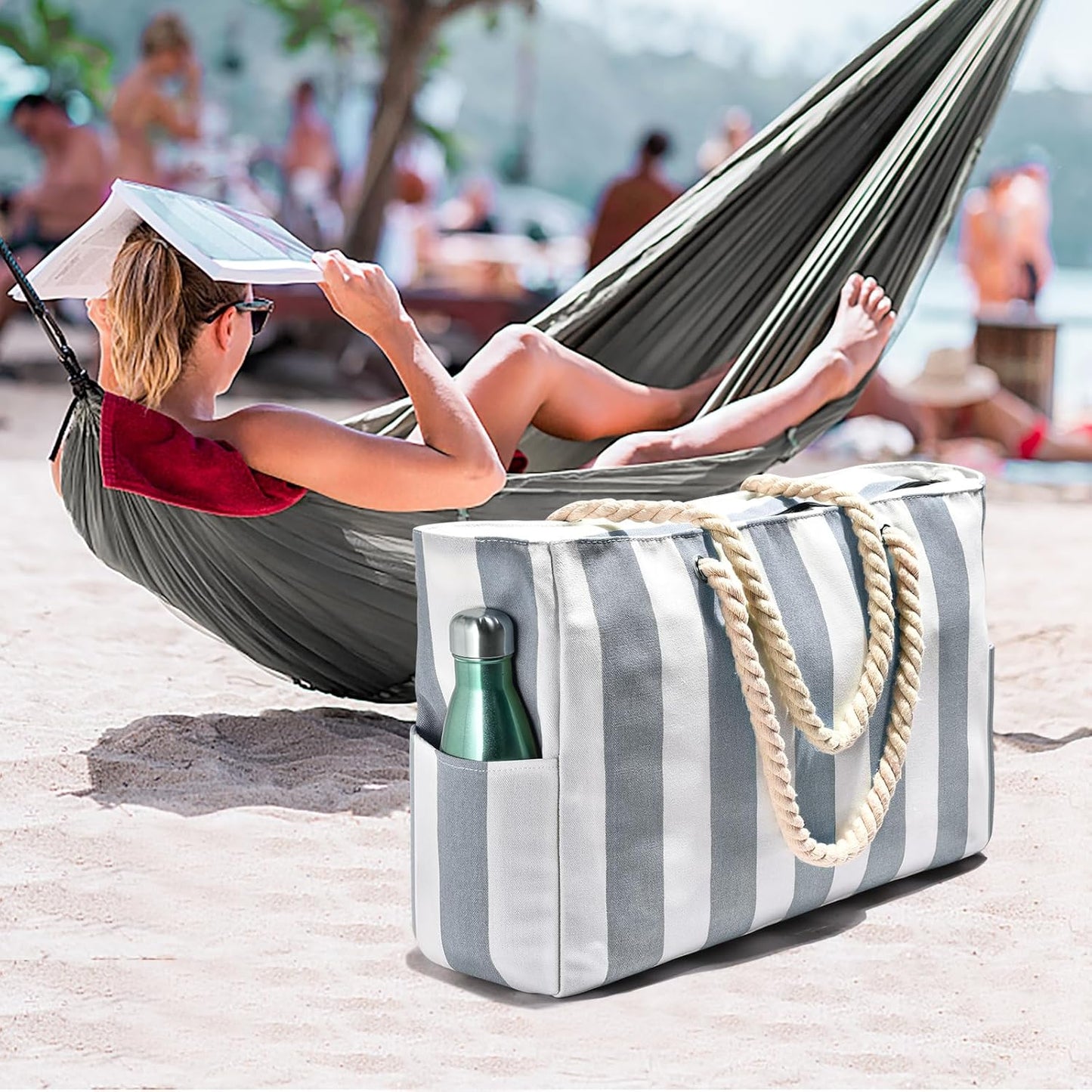 Oversized Beach Tote with Zip Closure and Mesh Panels, Water Resistant 20L