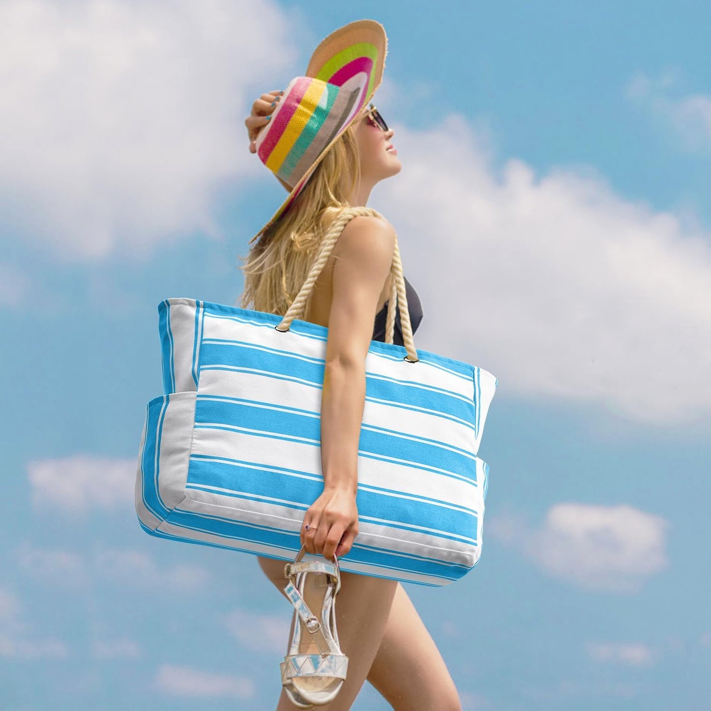 Oversized Beach Tote with Zip Closure and Mesh Panels, Water Resistant 20L