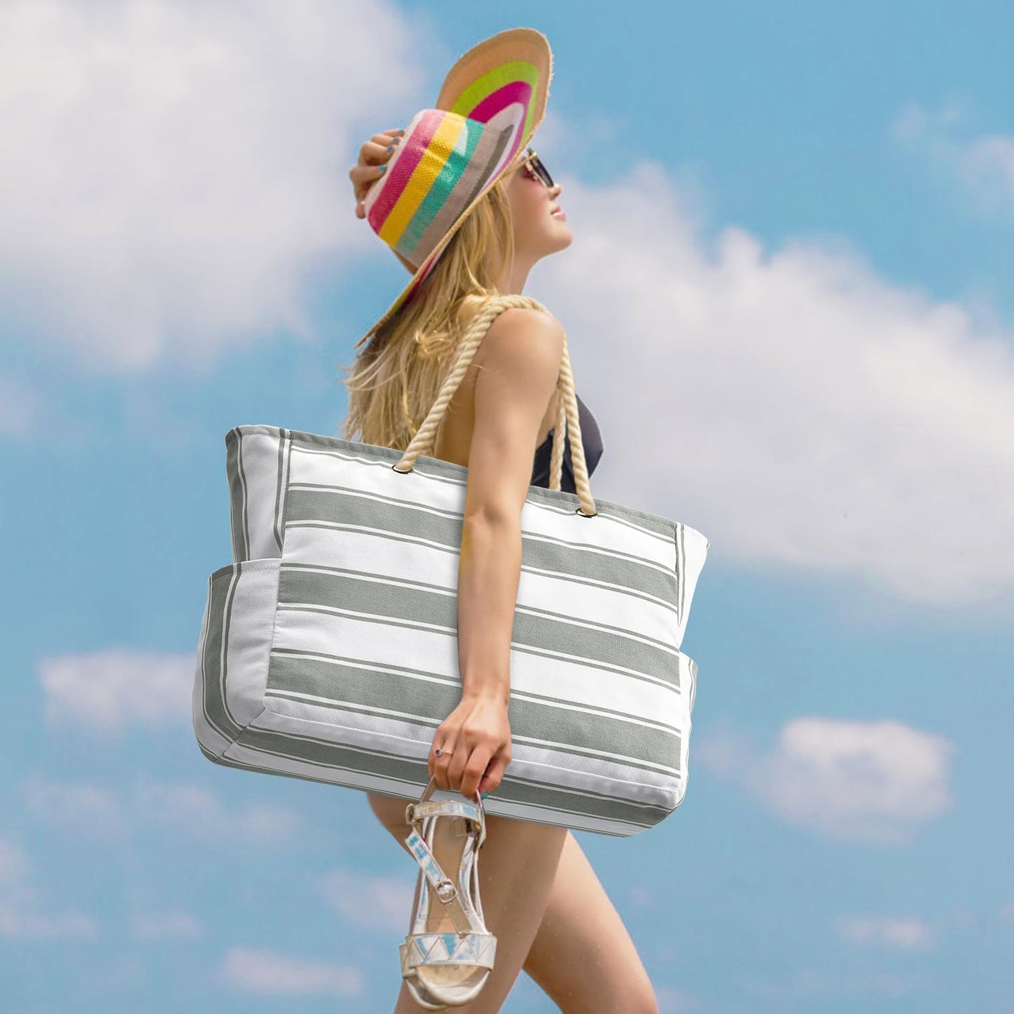 Oversized Beach Tote with Zip Closure and Mesh Panels, Water Resistant 20L