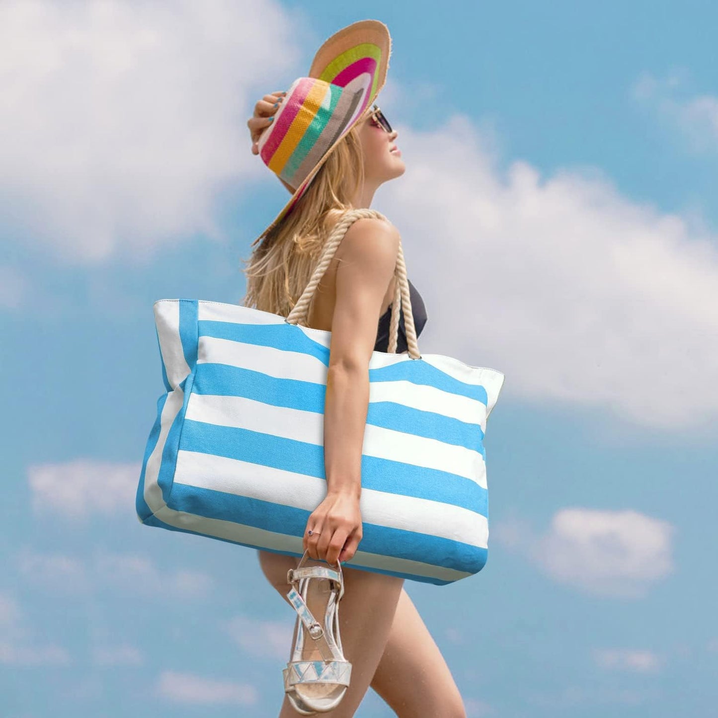 Oversized Beach Tote with Zip Closure and Mesh Panels, Water Resistant 20L