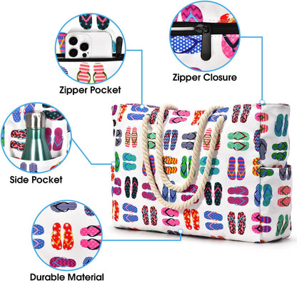 Oversized Beach Tote with Zip Closure and Mesh Panels, Water Resistant 20L