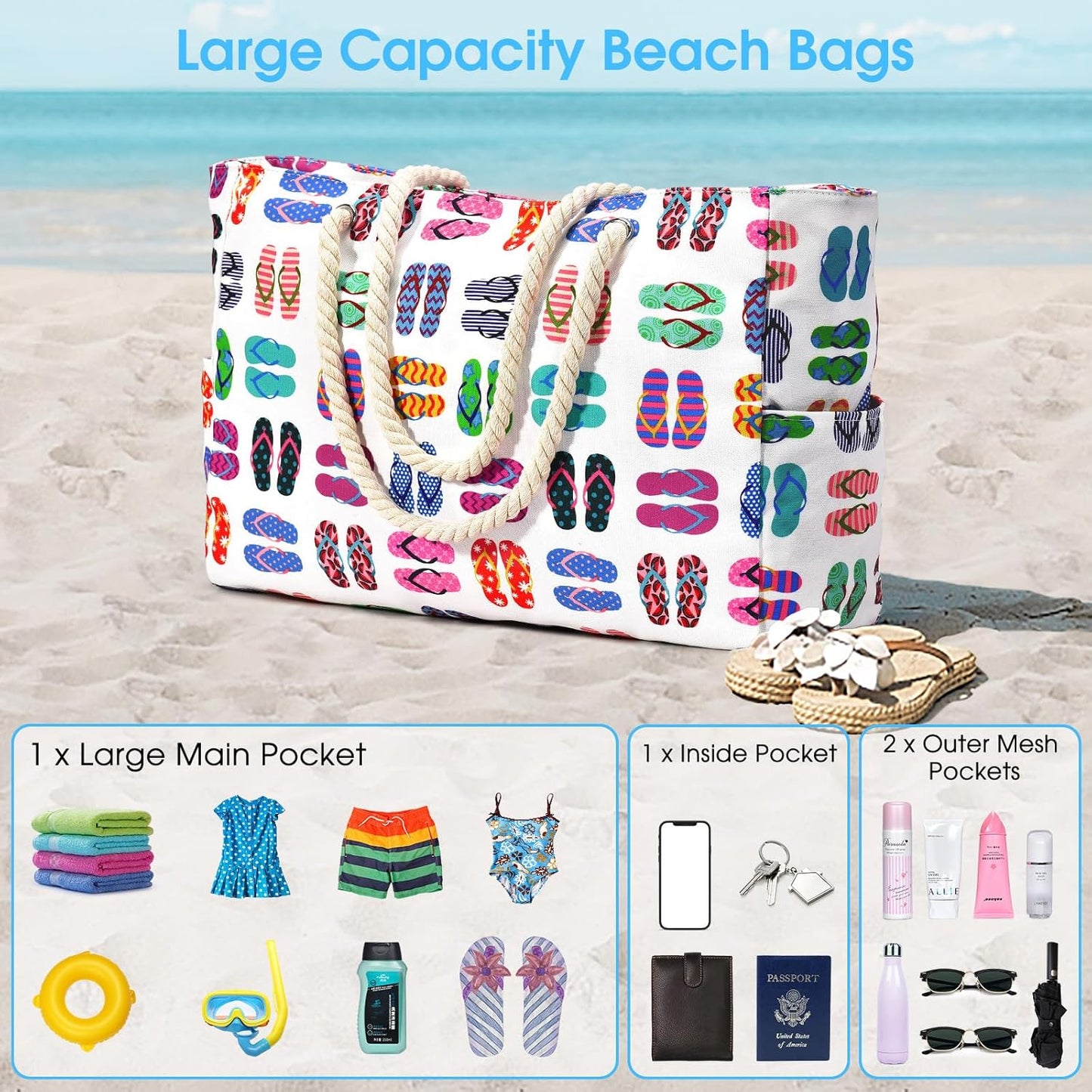 Oversized Beach Tote with Zip Closure and Mesh Panels, Water Resistant 20L