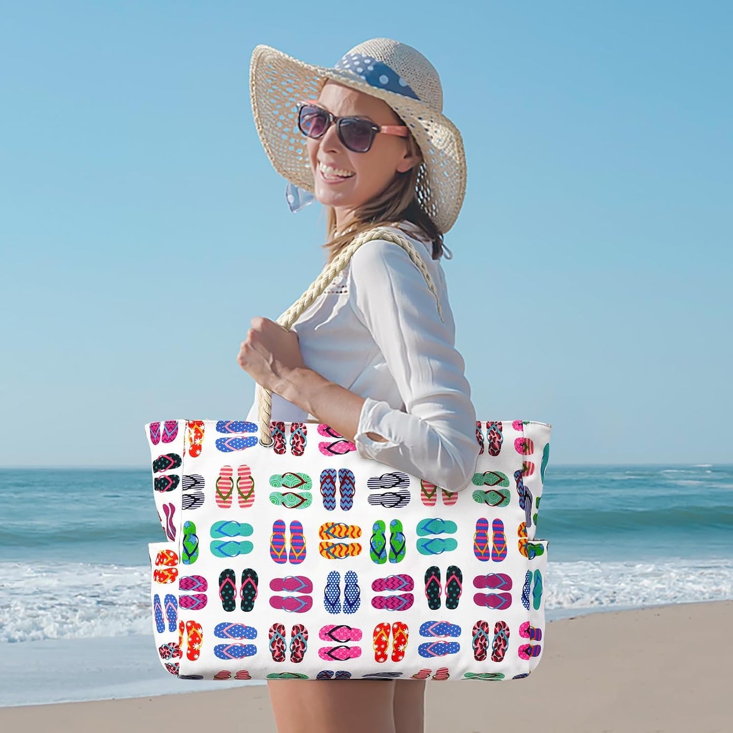 Oversized Beach Tote with Zip Closure and Mesh Panels, Water Resistant 20L