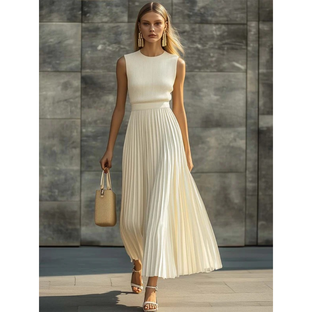 Women's Bernadette Cream Pleated Maxi Dress – Elegant & Versatile
