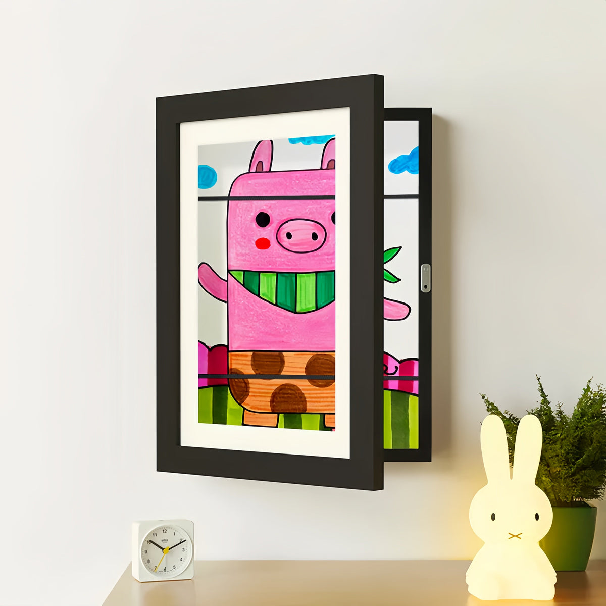 Artwork Display Frame with Magnetic Latch and 150-Sheet Storage Compartment