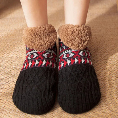 Knit Snow Pattern Socks with a Fleece Lining and Non Slip Grips in Six Colors for Winter