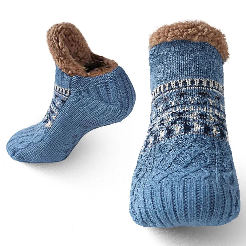 Knit Snow Pattern Socks with a Fleece Lining and Non Slip Grips in Six Colors for Winter