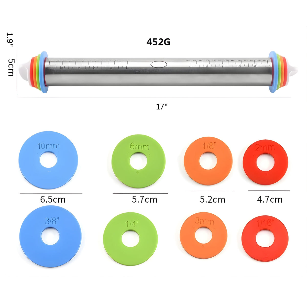 Adjustable Stainless Steel Rolling Pin with Thickness Rings and Silicone Handles