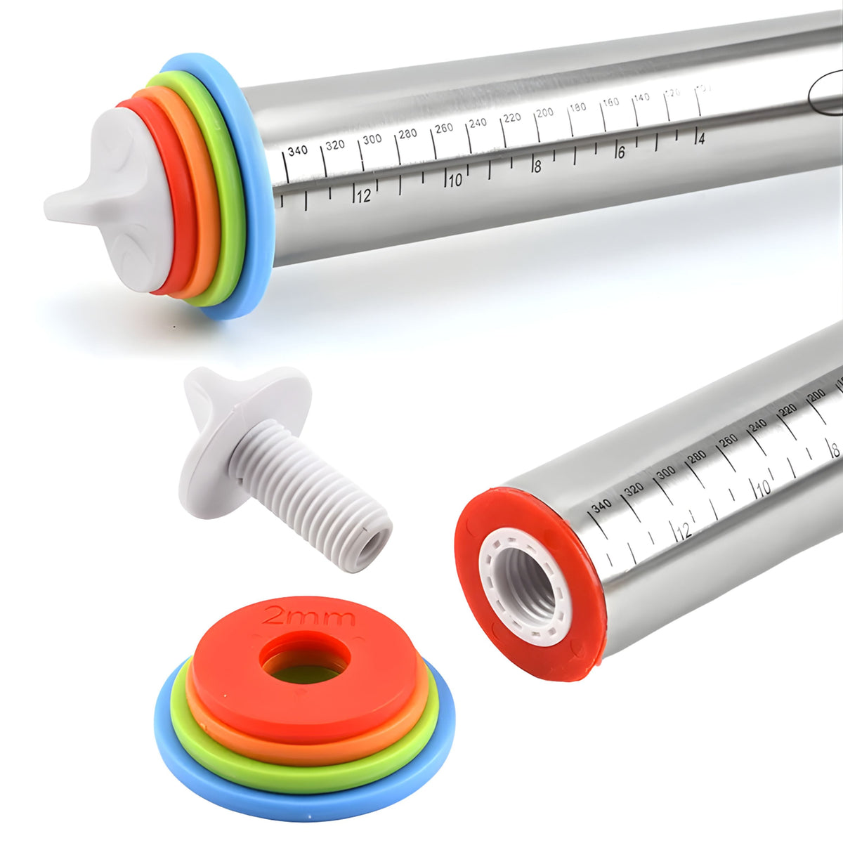 Adjustable Stainless Steel Rolling Pin with Thickness Rings and Silicone Handles