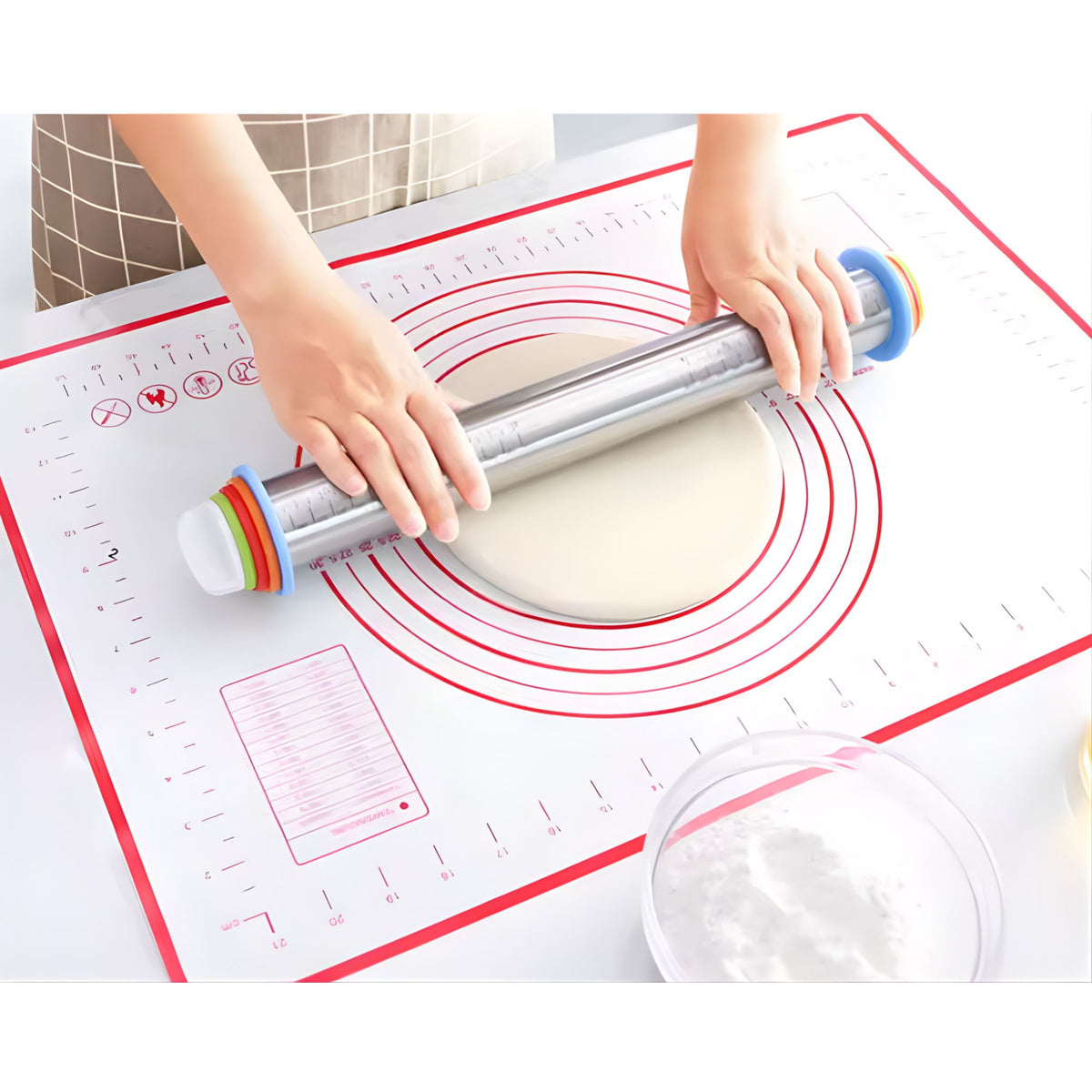 Adjustable Stainless Steel Rolling Pin with Thickness Rings and Silicone Handles