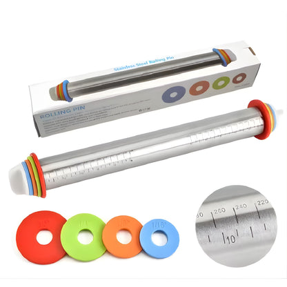 Adjustable Stainless Steel Rolling Pin with Thickness Rings and Silicone Handles
