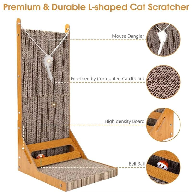 L-Shaped Cat Scratcher with Toy Ball and Multi-Angle Design