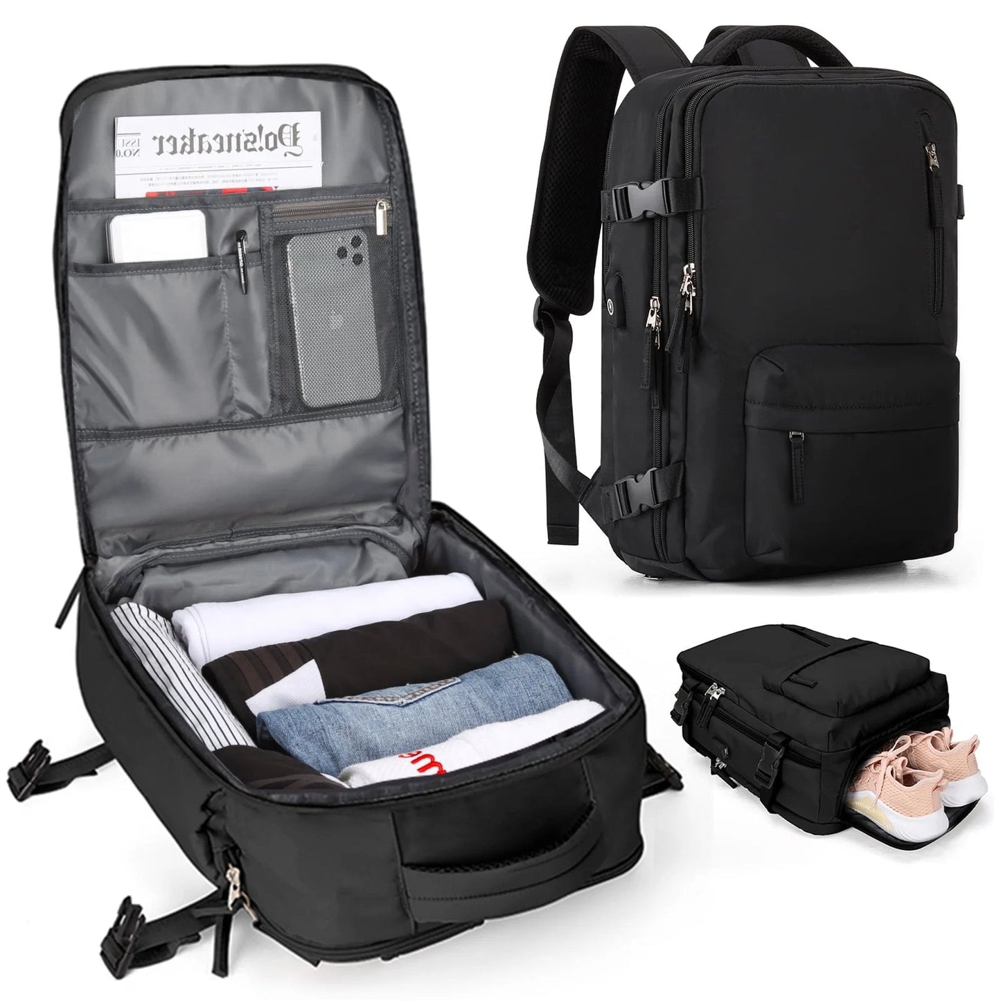 Women's 35L Travel Backpack with USB Charging Port and Laptop Compartment, Shoe and Wet Storage