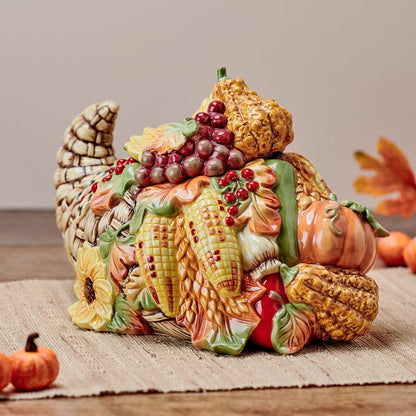 Ceramic cornucopia cookie jar with pumpkins, ears of corn, grapes and sunflowers