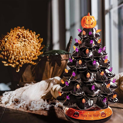 LED Ceramic Tree with Purple and Orange Beads, Battery-Powered Holiday Decor