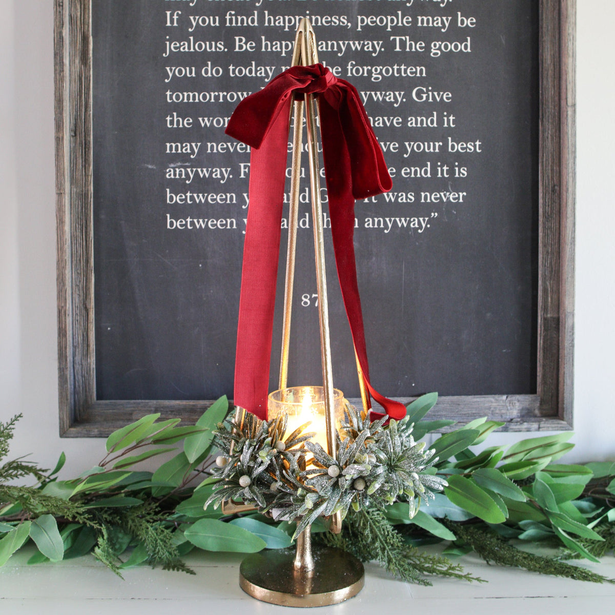 Gold Metal Tree Candle Holder with Raised Platform and Open Silhouette for Mantels