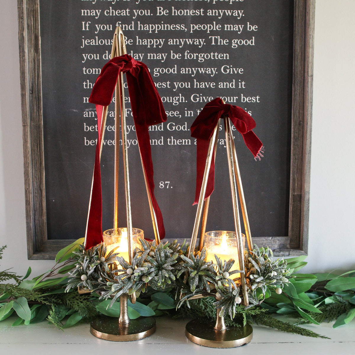Gold Metal Tree Candle Holder with Raised Platform and Open Silhouette for Mantels