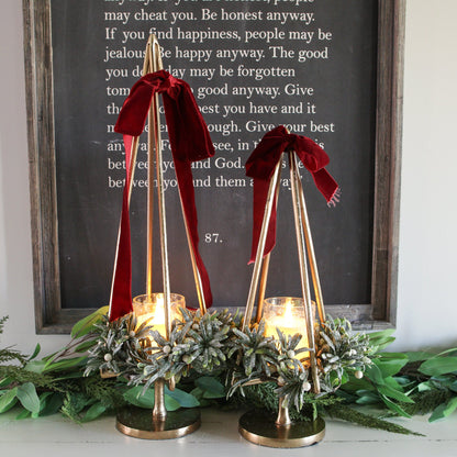 Gold Metal Tree Candle Holder with Raised Platform and Open Silhouette for Mantels