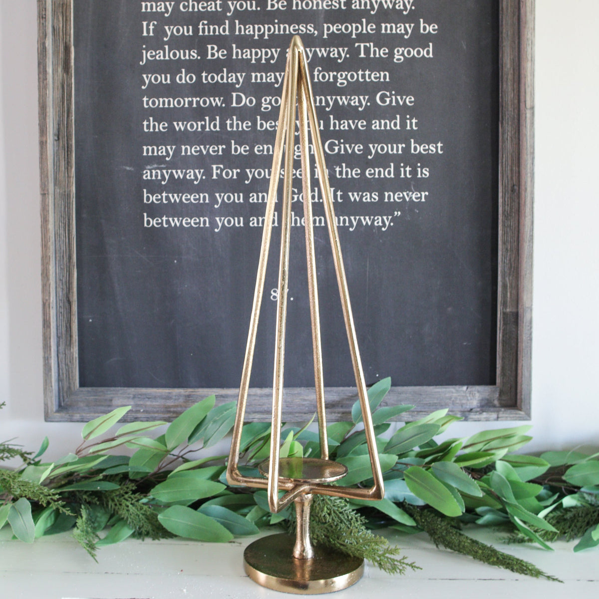 Gold Metal Tree Candle Holder with Raised Platform and Open Silhouette for Mantels