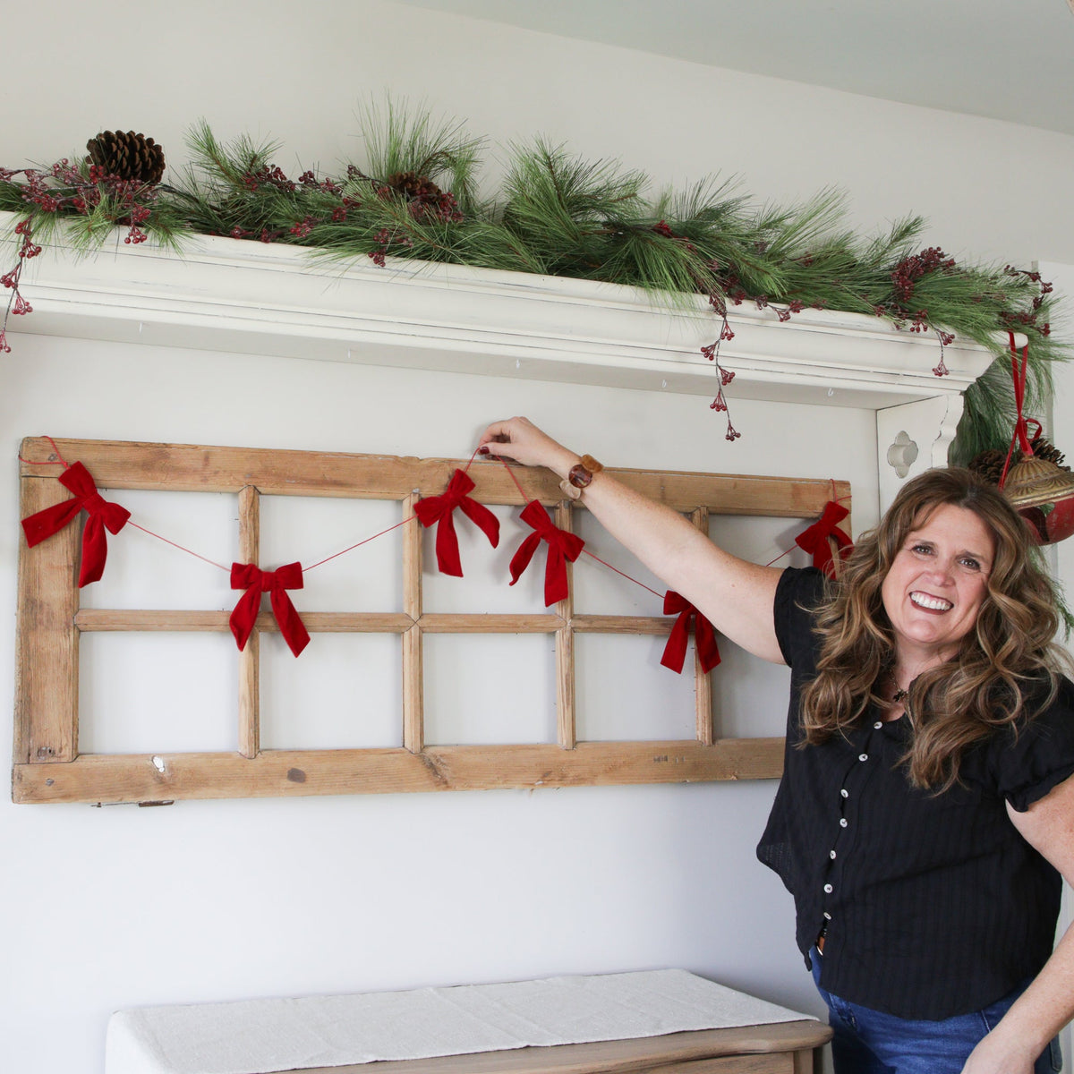 Red Velvet Bow Garland with Lightweight Cord for Mantels and Doorways 5 Feet