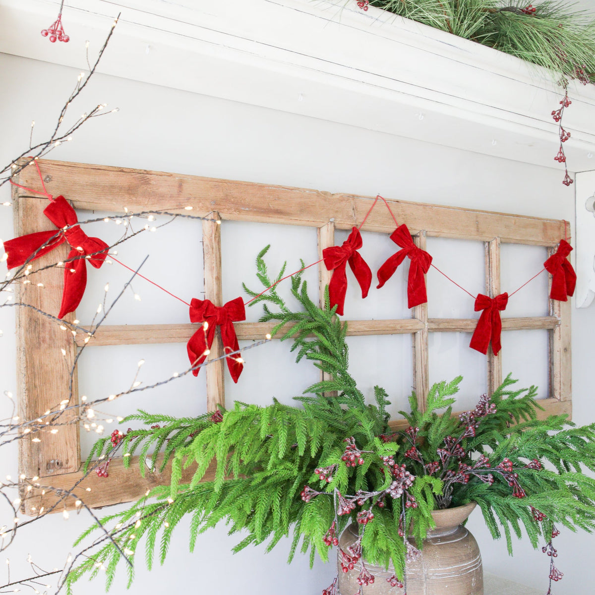 Red Velvet Bow Garland with Lightweight Cord for Mantels and Doorways 5 Feet