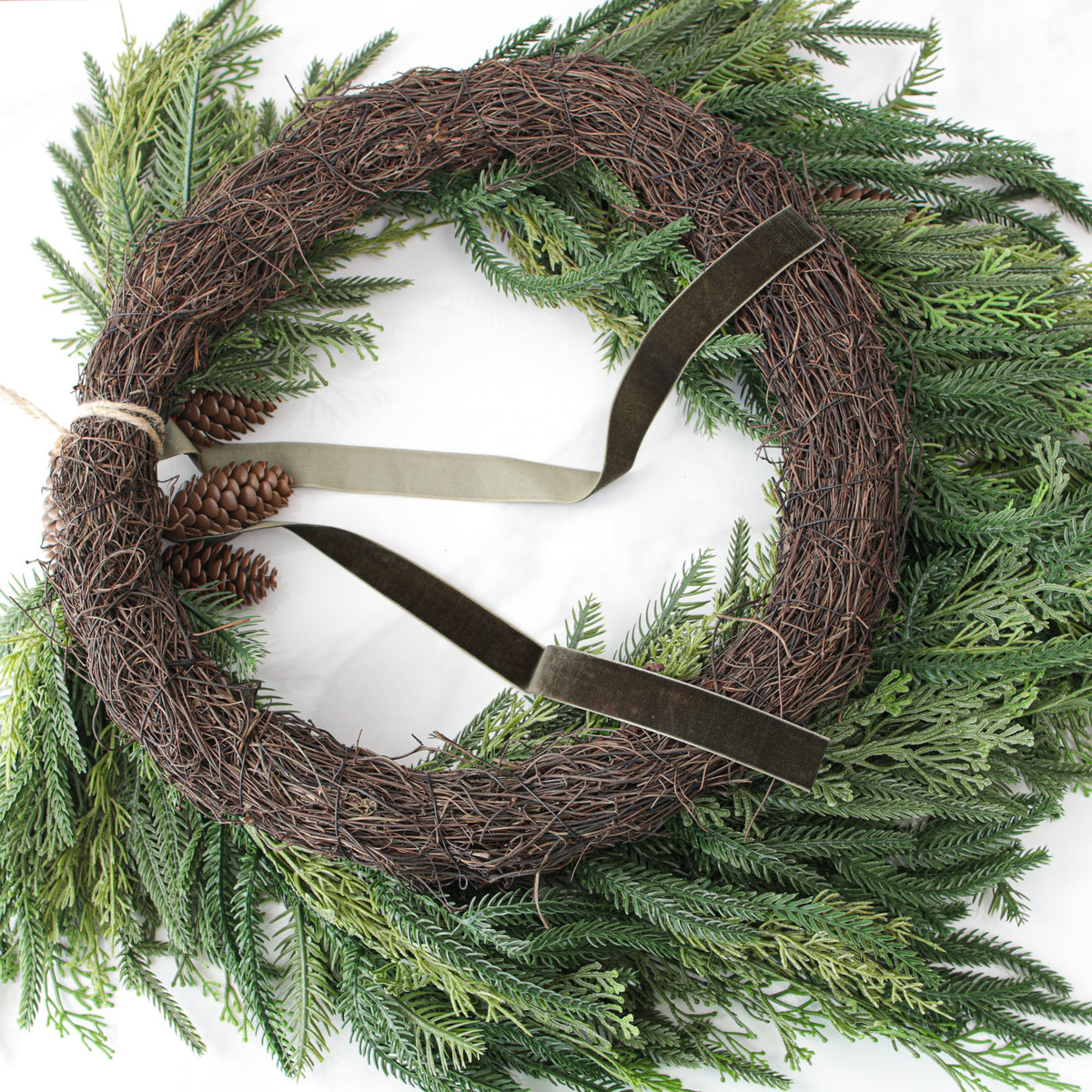 Heart Shaped Pine Wreath with Pinecone Accents and Hunter Green Ribbon, 24 Inches