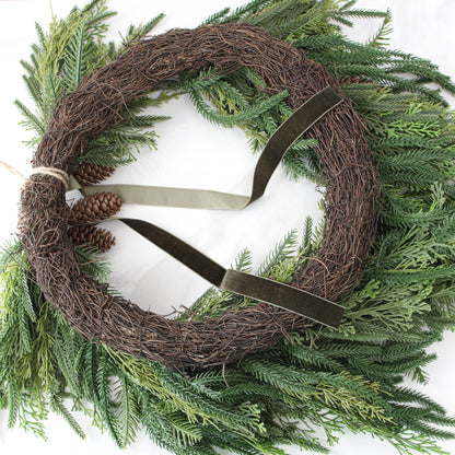 Heart Shaped Pine Wreath with Pinecone Accents and Hunter Green Ribbon, 24 Inches