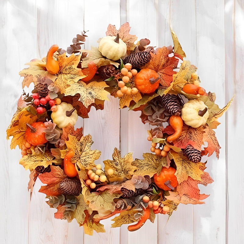 Versatile Holiday Wreath with Maple Leaves and Pumpkins – 20” x 20”