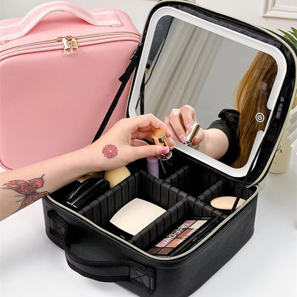 Travel Makeup Bag with LED Mirror and Spacious Storage