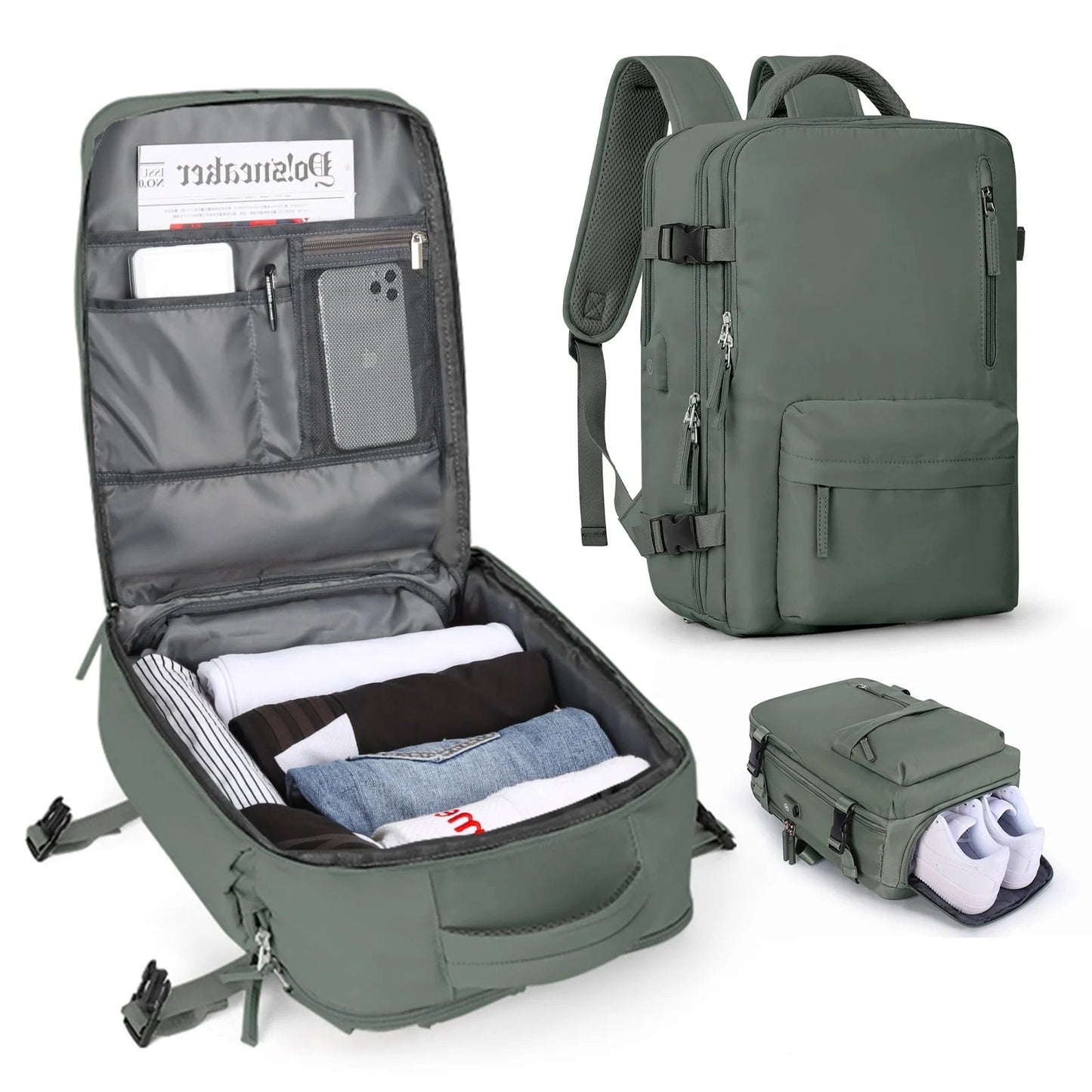 Women's 35L Travel Backpack with USB Charging Port and Laptop Compartment, Shoe and Wet Storage