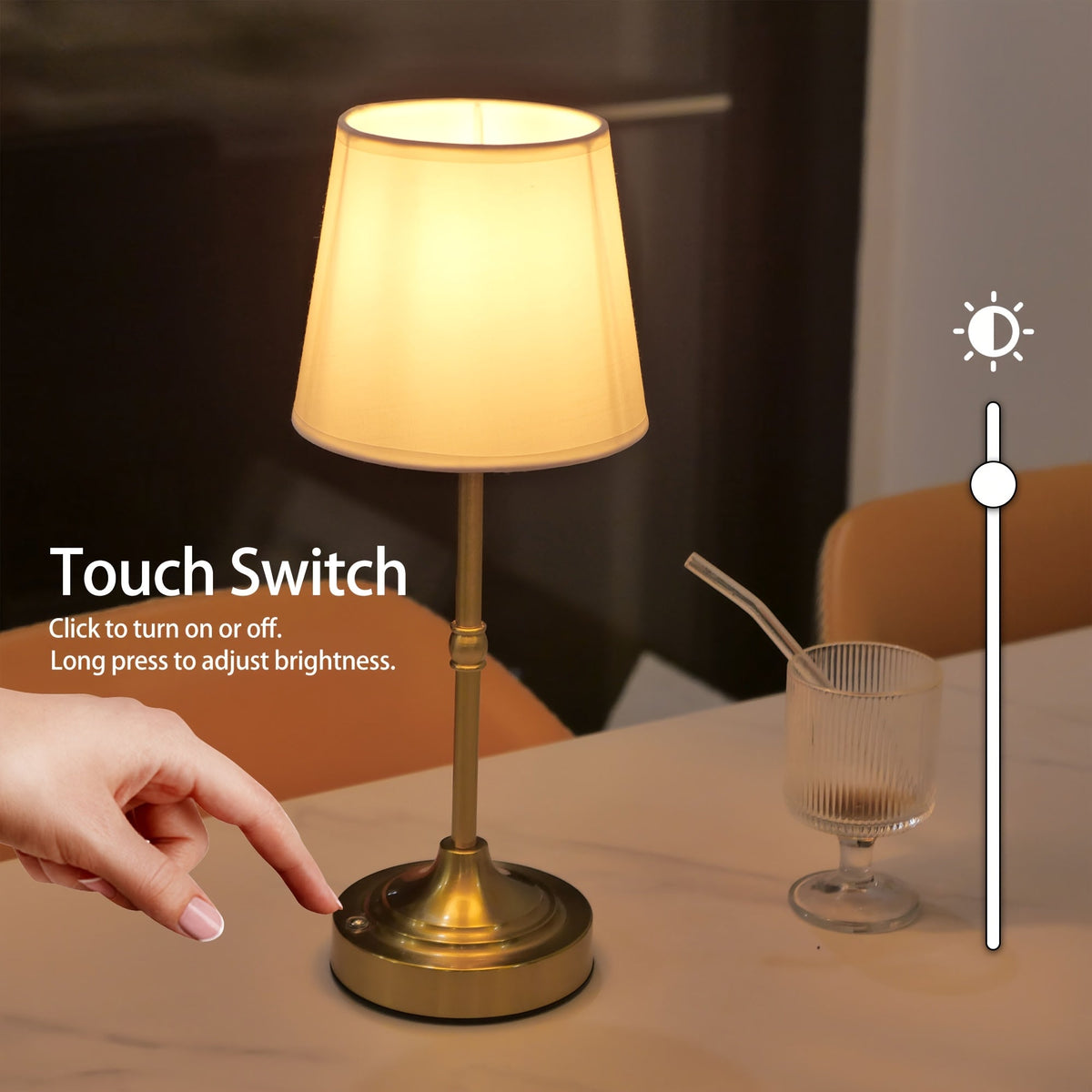 Rechargeable Table Lamp with Touch Dimming Control and Fabric Shade