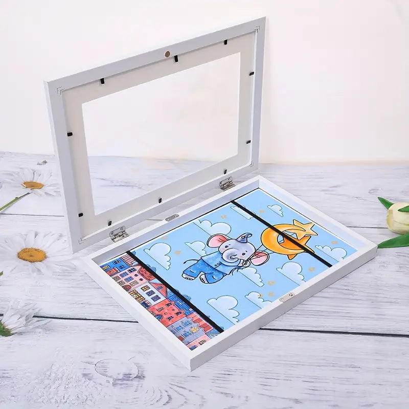 Flip Open Display Frame That Stores 150 Kids Drawings with Clean Modern Style in Three Colors